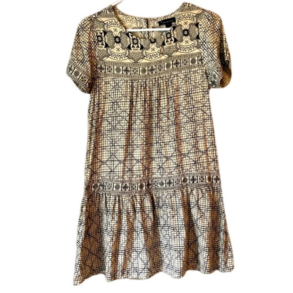 Forever 21 Geometric Boho Flapper Mini Dress Cream Tan Black S